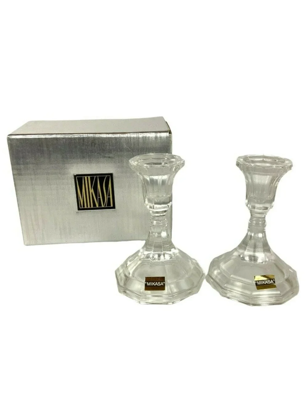 Mikasa Strasbourg Candlestick Pair Clear Crystal Original Box Japan RPW04/339